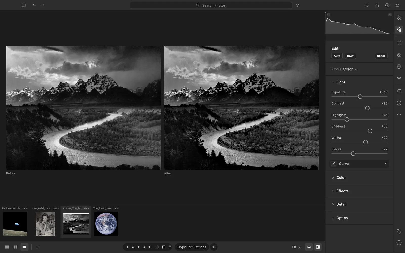 Side-by-side before and after of The Tetons and the Snake River in LightCraft