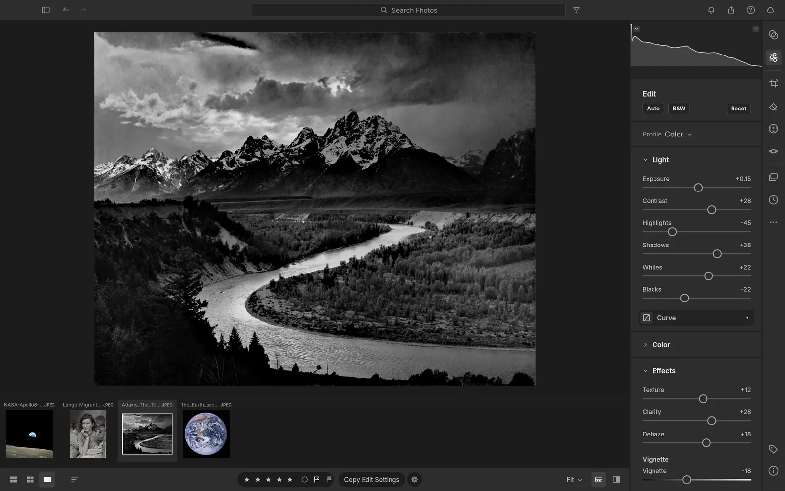 LightCraft developing The Tetons and the Snake River, with the Light and Effects sliders open and four photos in the filmstrip