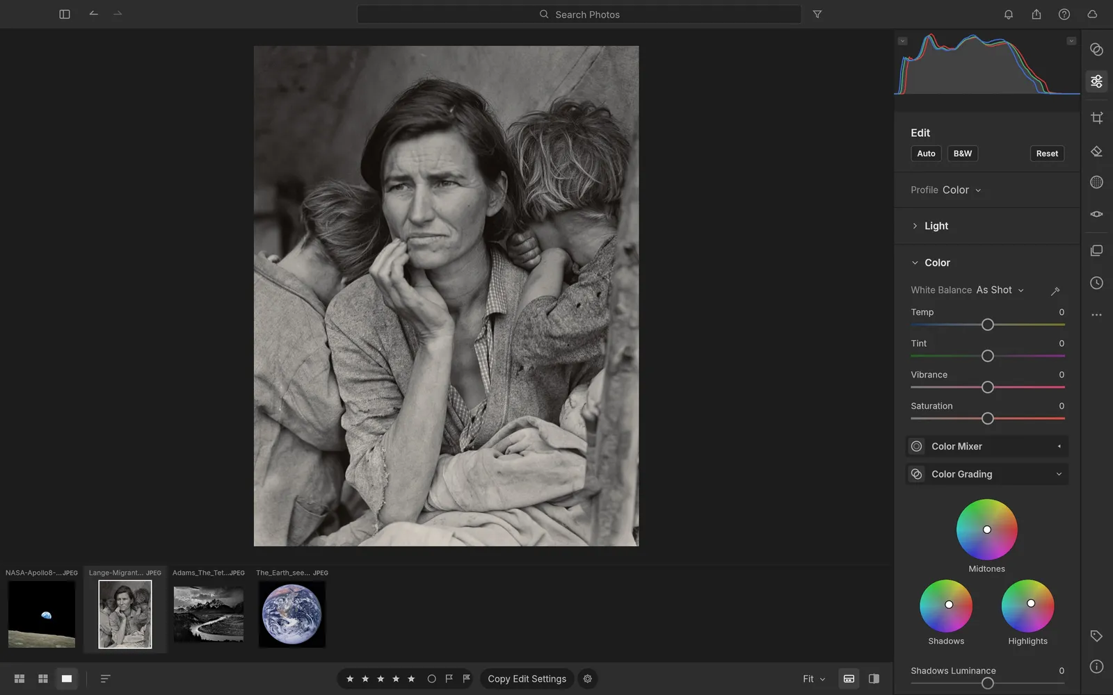 Color Grading wheels for shadows, midtones and highlights next to Migrant Mother, toned warm like a print
