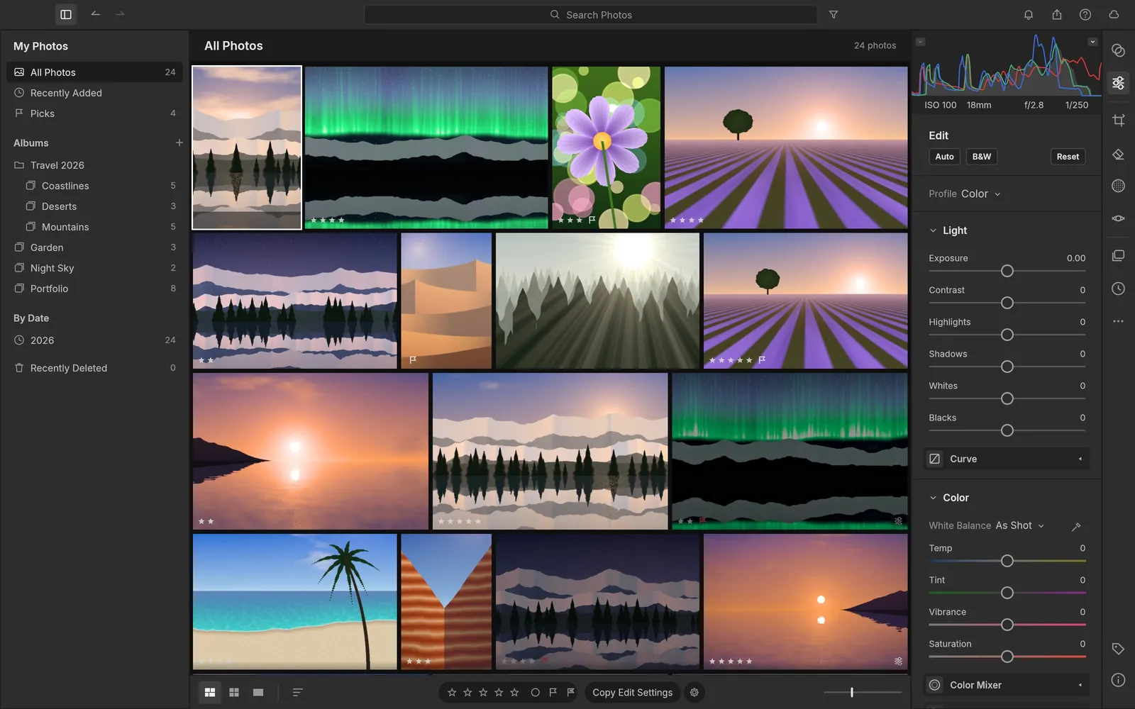 The Photo Grid with ratings and flags, and a sidebar of albums nested in a Travel 2026 folder