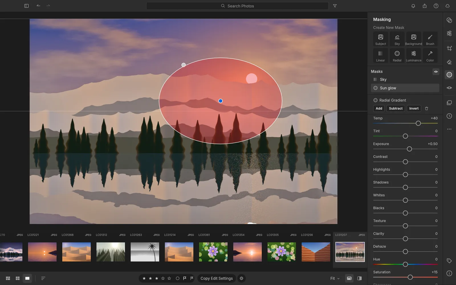 The Masking panel with a linear Sky mask and a radial Sun glow mask drawn as a red overlay on a lake scene